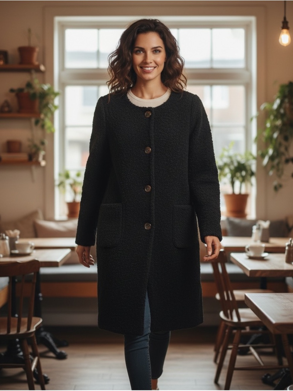 Womens Black Bouclé Button-Front Coat